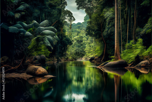 Forest river on an Amazon rainforest.Generative AI. photo