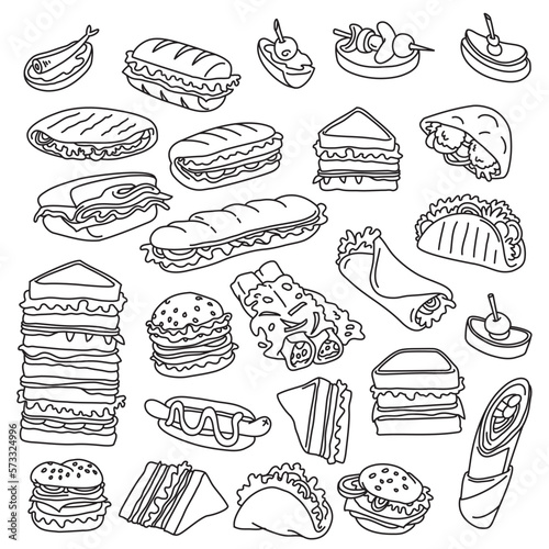 Sandwiches, burgers, tacos, falafel. Different types of fast food meals. Vector drawings set. Outline stroke is not expanded, stroke weight is editable photo
