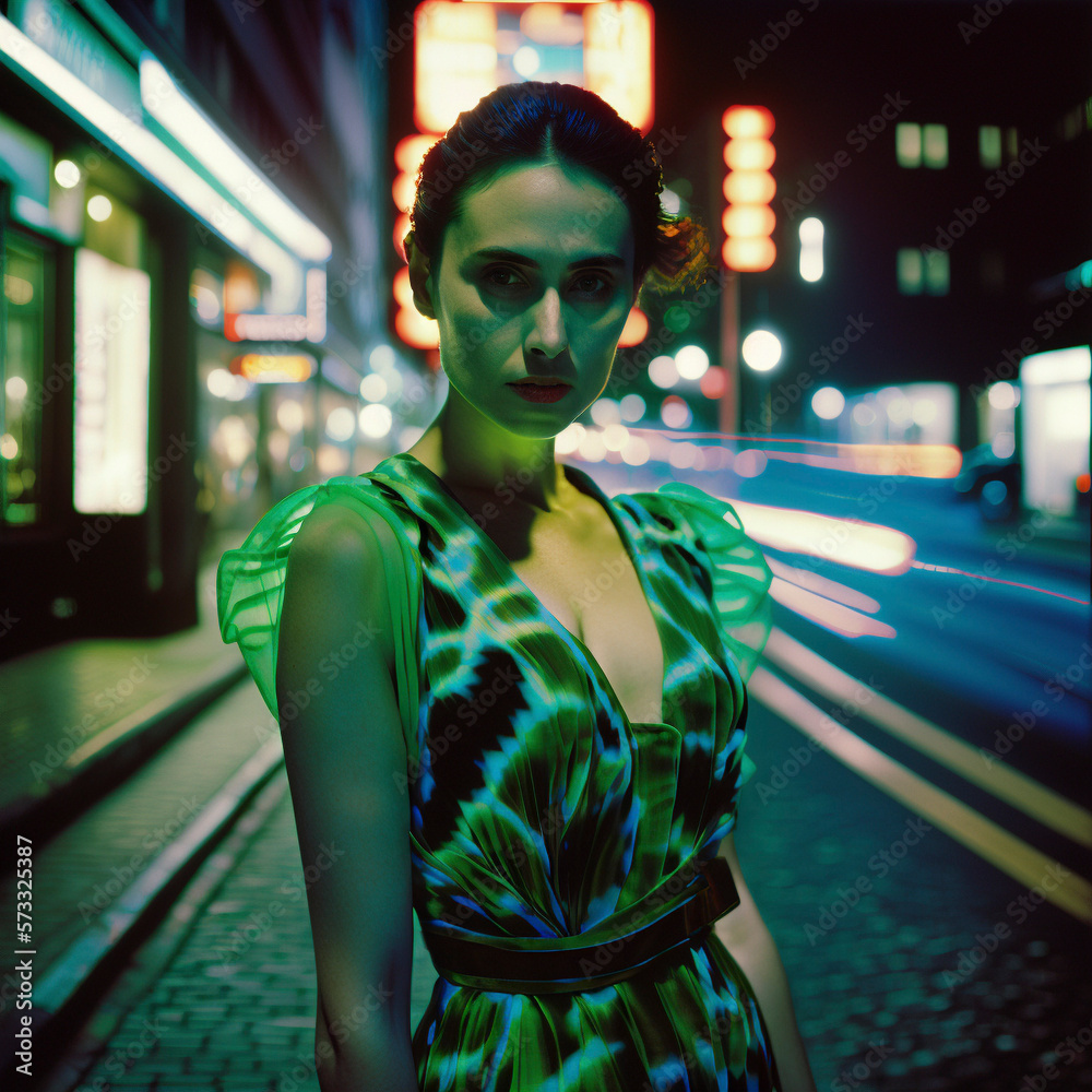 Fashion photography of a caucasian woman posing on a street in an old Japanese city. Long exposure. Fictional person. Generative AI.