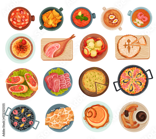 Spanish Dish and Food Served for Restaurant Menu as National Cuisine Big Vector Set