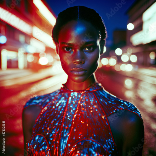 Fashion photography of an African American woman posing on a street in a city. Long exposure. Fictional person. Generative AI.