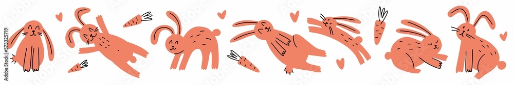 Horizontal illustration with rabbits, hand-drawn in the style of a doodle Horizontal illustration with rabbits, hand-drawn in the style of a doodle