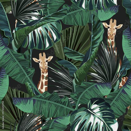 Abstract jungle summer background. Seamless floral tropical pattern with palm tree and giraffe. Vector illustration. Vintage style. Retro print