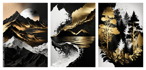 Set of abstract landscapes art posters, gold black and white texture, concept art, generative ai photo