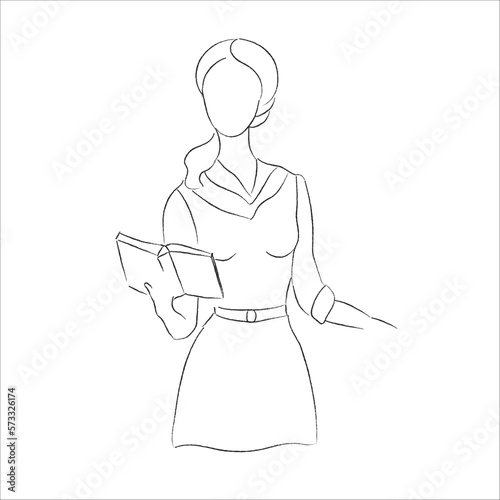 The girl holds the book. Black and white sketch.