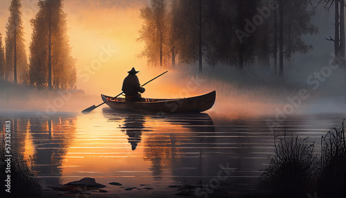 A man in a canoe on a misty lake at sunset, generative ai