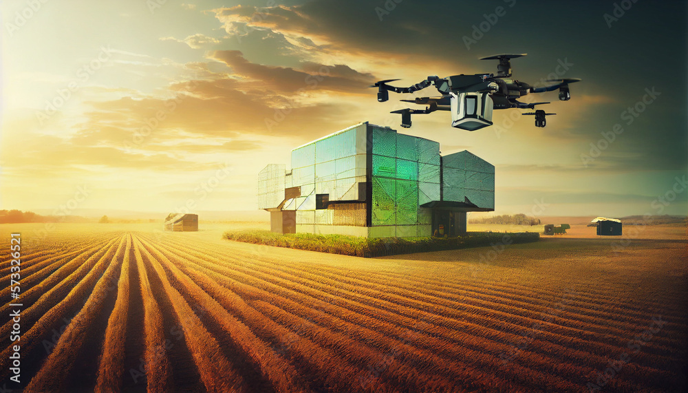 Fototapeta premium Futuristic farming automation using drones over farm and fields, generative ai