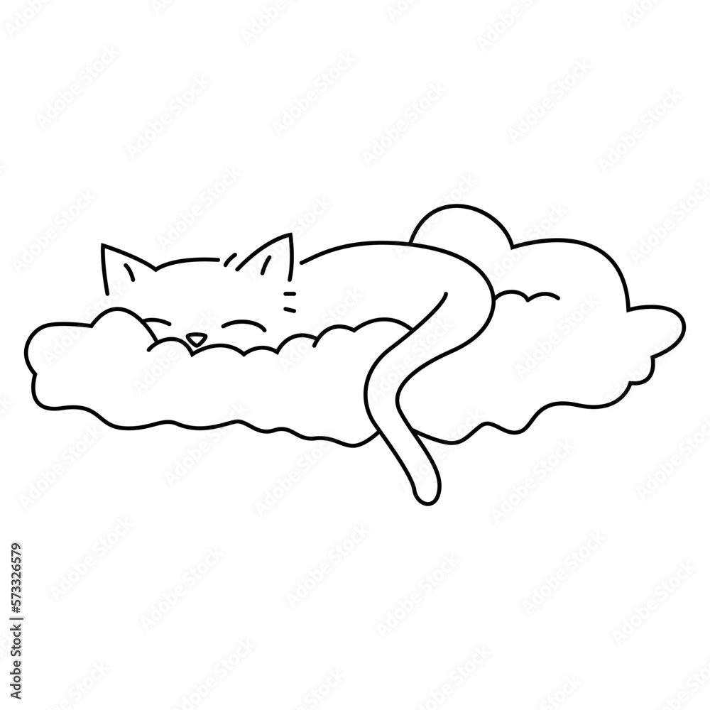 Peaceful and dreamy black and white vector illustration of a sleeping cat on a cloud. Vector isolated animal for stickers, emoji, decor, cards, patterns. Stylized pet