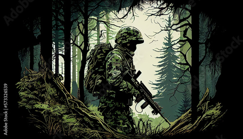 Infantry soldier camouflage forest military army, generative ai