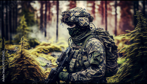 Infantry soldier camouflage forest military army, generative ai