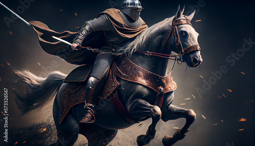 Knight riding a horse with dark background, generative ai © TheGoldTiger