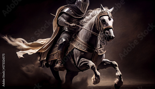 Knight riding a horse with dark background, generative ai