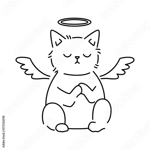 Heavenly and serene black and white vector illustration of a praying cat with angel wings and a halo. Vector isolated animal for stickers, emoji, decor, cards, patterns. Stylized pet