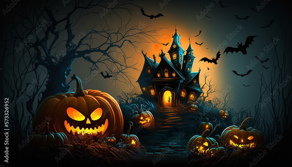 Halloween background with glowing pumpkins and haunted house, Generative ai