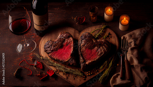 Romantic hearthshaped beef steak with spices and herbes on plate with wine and roses, generative ai photo