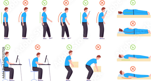 Ergonomic spine postures. Proper and wrong body positions infographic, good or bad stand sit poses back neck on office computer work, healthy posture splendid vector illustration