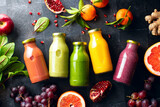 Various colourful fresh raw ingredients and already blended mix in a bottles for individual consumption are on the kitchen table surface.