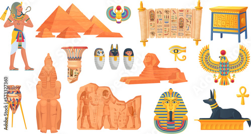 Egyptian ancient objects. Egypt ruine and history monuments, egyptians statue stone landmark, pharaoh pyramid myth animal sphinx civilization symbol ingenious vector illustration