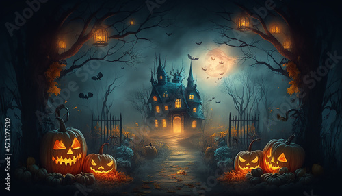 Halloween background with glowing pumpkins and haunted house  Generative ai