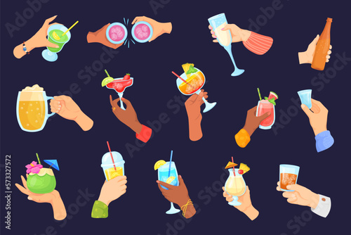 Hands holding cocktails. Hand hold alcohol drinks beverages for birthday toast celebrate, wine glass champagne cup martini whiskey vodka, cocktail ingredients vector illustration