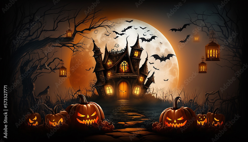 Halloween background with glowing pumpkins and haunted house, Generative ai