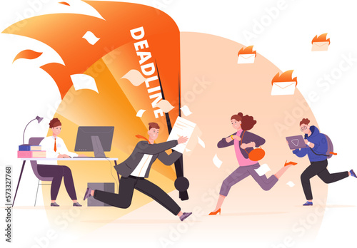 Rushing work. Deadline time ticking, hurried accountant worker running to paperwork, urgent hard working on pc, employee stress clock pressure hectic office day vector illustration