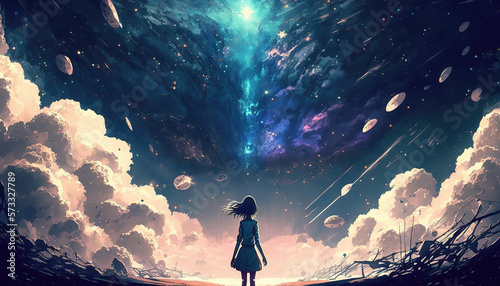 Fotografiet an impressive beautiful anime illustration with a girl standing in front of the