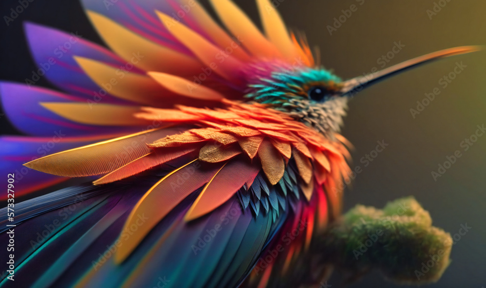 Obraz premium The bright colors of a hummingbird's feathers as it hovers near a flower