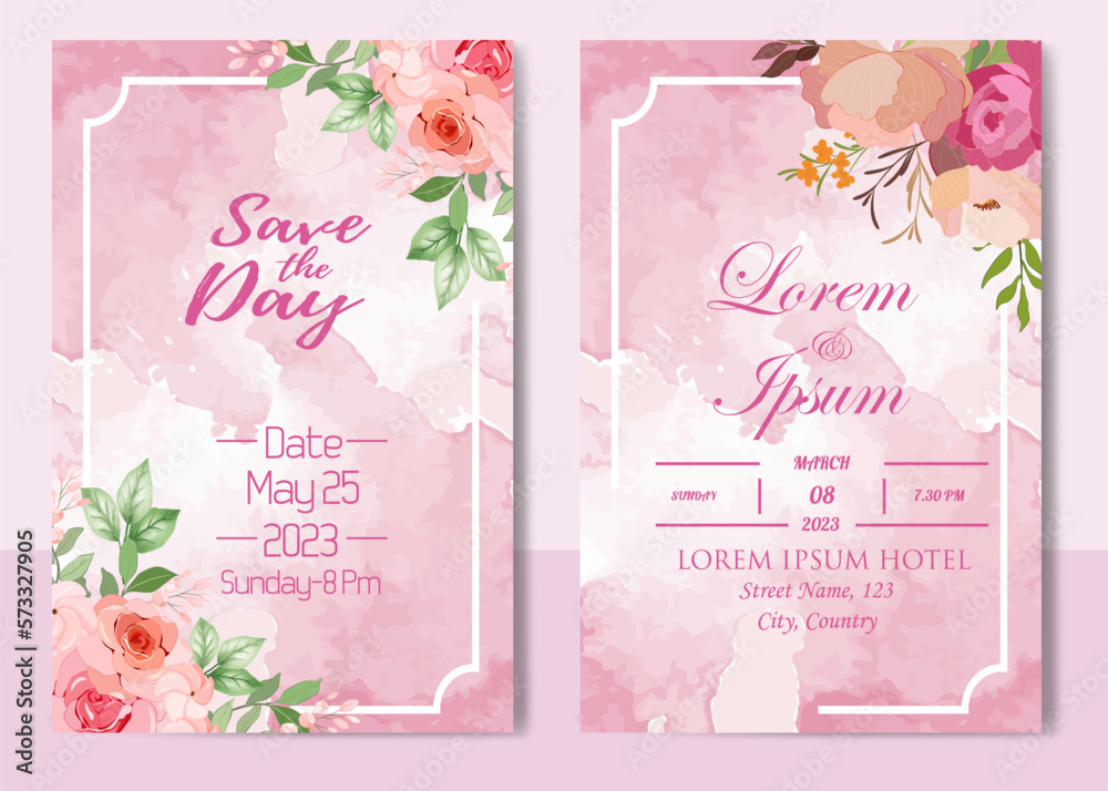 Invitation Card with beautiful blooming floral watercolor background.
Beautiful hand drawing Wedding invitation design pink rose invitation template. Elegant wedding card with beautiful floral vector.