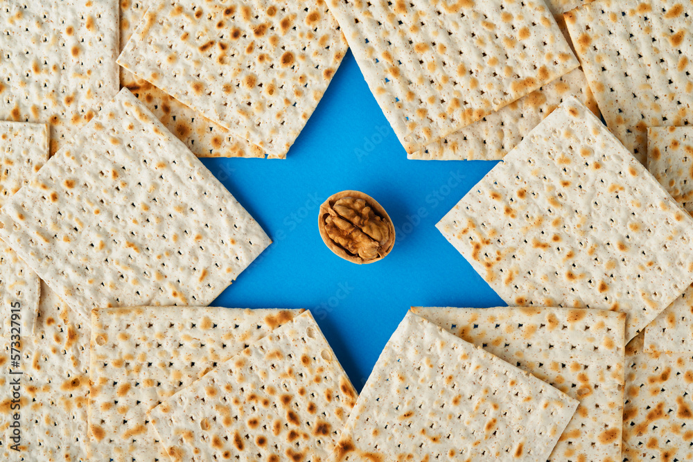 Passover celebration concept. Blue Star of David made from matzah