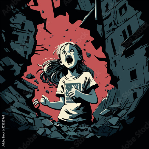 A little girl under a broken city for earthquake shouting for help flat-style vector illustration