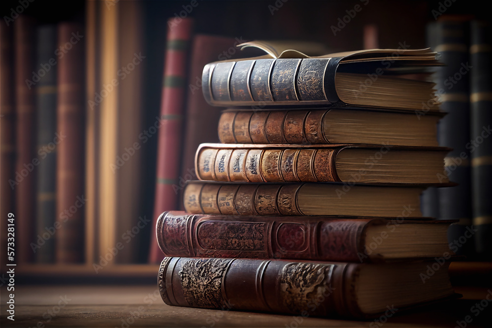 Banner or header image with stack of antique leather books in library. literature or reading concept. Partially Generative AI.