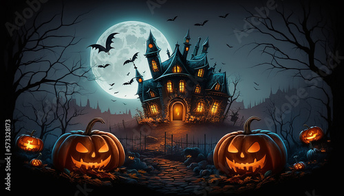 Halloween background with glowing pumpkins and haunted house  Generative ai