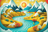 a cartoon landscape illustration with mountains and a river, generative ai technology