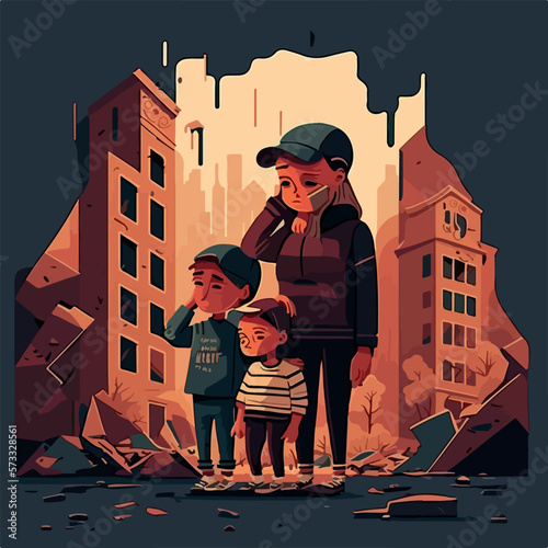 A family under a broken city for earthquake flat-style vector illustration