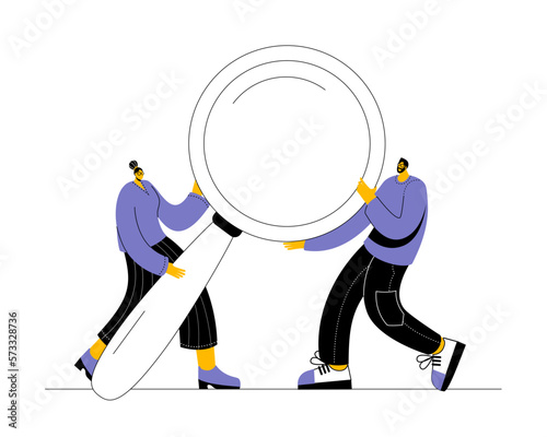 A girl and a young man in casual clothes are holding a huge magnifying glass. Vector illustration on the topic of searching for something.