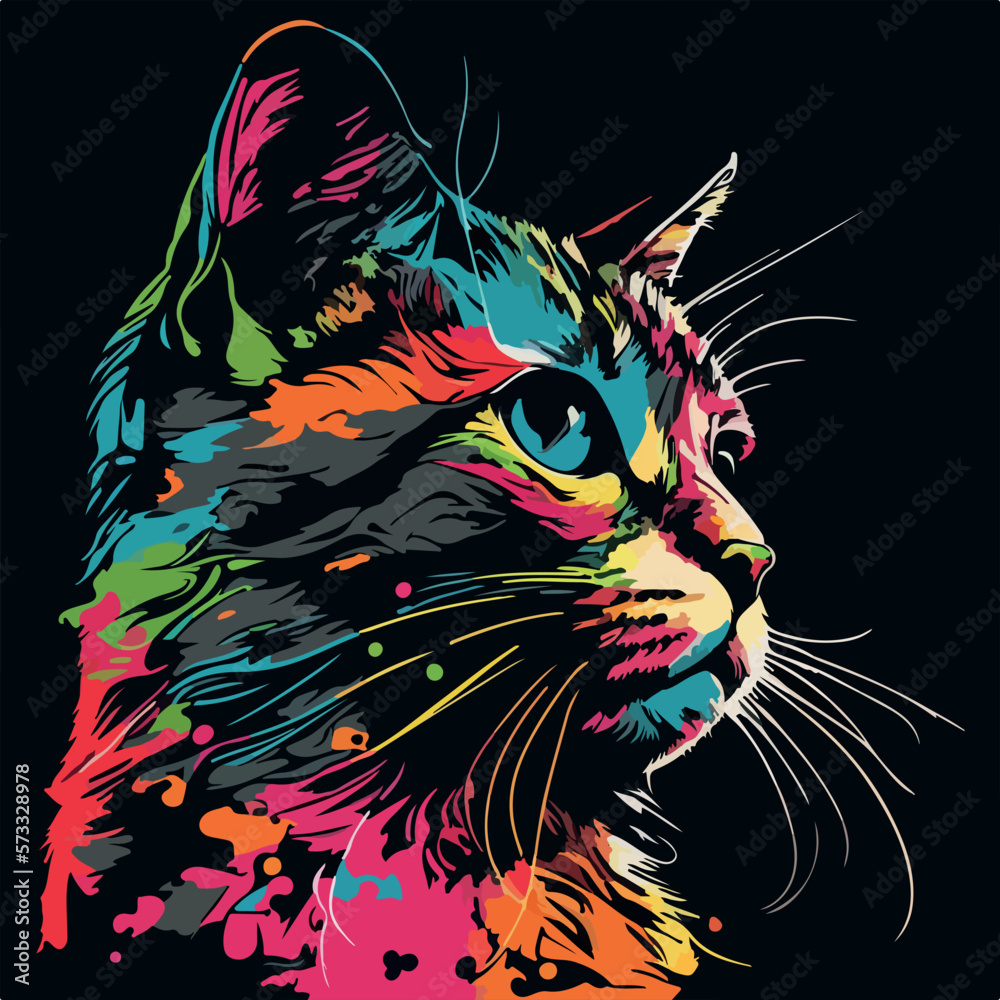 Colorful cute cat pop art vector illustration