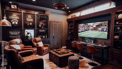 a luxurious and spacious room designed for sports enthusiasts, with a large 4K TV, comfortable leather couches, wall-mounted shelves filled with sports memorabilia, and a bar with a sink and a refrige