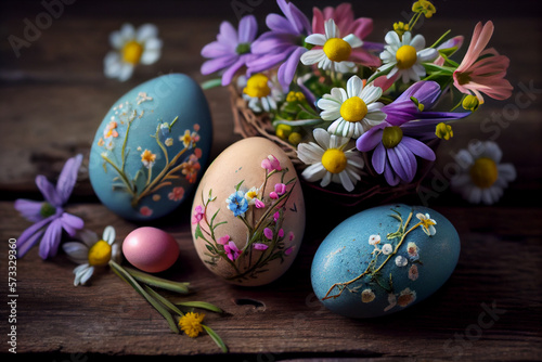 Easter eggs in the wooden basket, decorated with spring flowers, Easter Eggs card, Generative AI