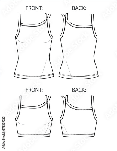 Vector crop top fashion CAD, woman asymmetric sleeveless t shirt technical drawing, slim fit with shoulder strap blouse set template, sketch, flat. Jersey  fabric top with front, back view, white