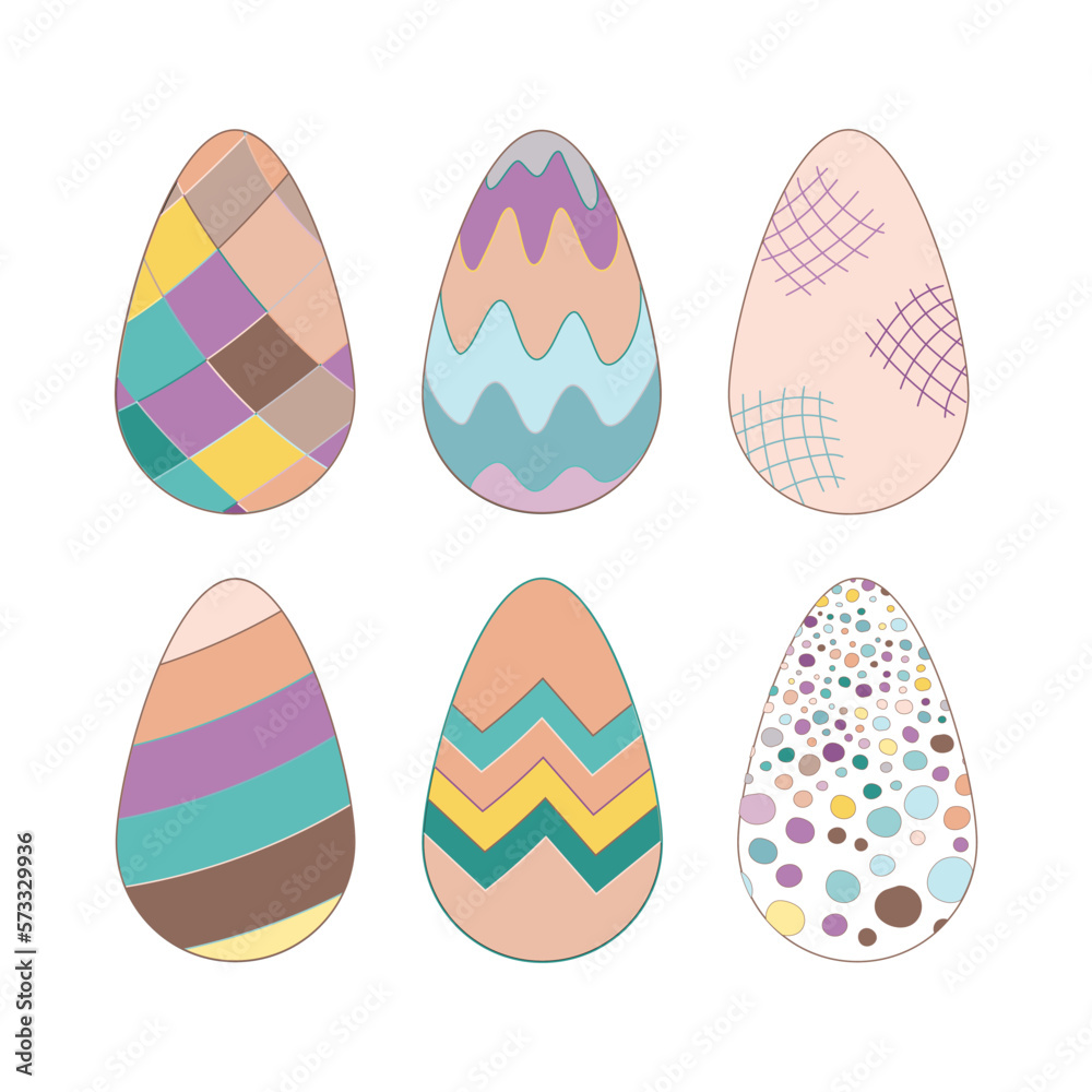 Set eggs Easter with pattern. Pastel colored vector illustration For card, poster, sticker and cover
