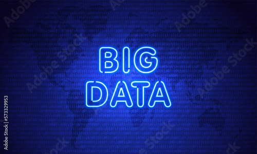 Big Data. Neon Symbol on Blue Map Background with Binary code. Data Concept. Vintage electric signboard with bright neon lights. Technology connection. Blue light falls. Vector illustration.