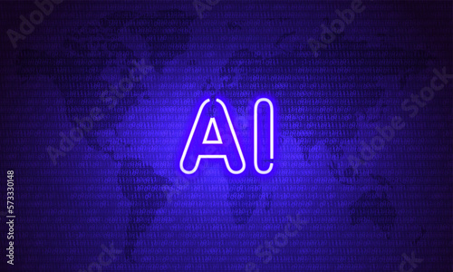 Artificial Intelligence. AI. Neon Symbol on Blue Map Background with Binary code. Data Concept. Vintage electric signboard with bright neon lights. Technology connection. Vector illustration