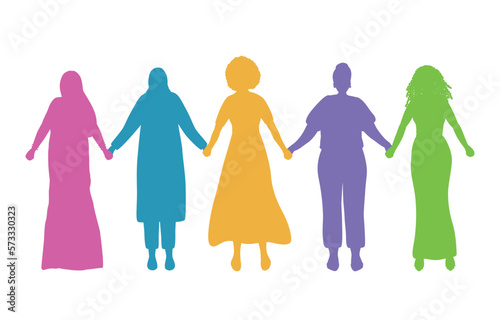 International Women s Day. Women holding hands. Colored silhouettes of women. Women s community. Female solidarity. Vector illustration.