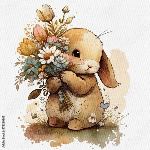 Watercolor cute bunny hold flower Fototapet