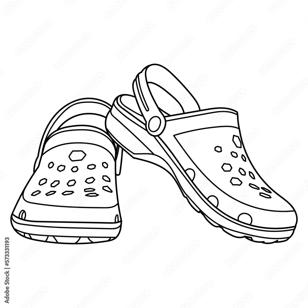 Ivano-Frankivsk, Ukraine - 16 May: Hand drawn Crocs detailed flip flop  shoes. Classic summer style. Outline doodle vector illustration. Side,  front and rear 3d view Stock Vector | Adobe Stock