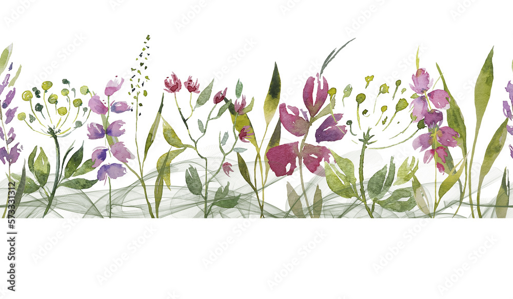 Seamless horizontal pattern of different kinds of field grasses, smoke. Watercolor botanical background, perfect for postcards, banners, textiles, wallpaper