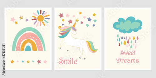 Cartoon fun rainbow. Bright doodle hand drawn illustration. Scandinavian nursery design.