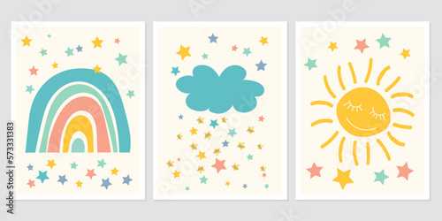 Scandinavian style cute posters with rainbow, cloud and sun. Childish drawing for nursery design. Fun doodle rainbow. Hand drawn illustration. Scandinavian nursery design.