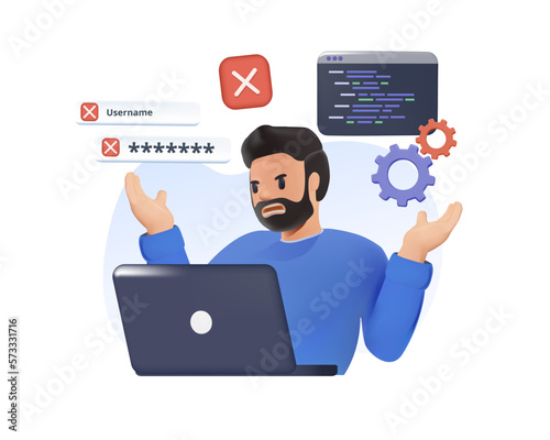 Software problems isolated 3D realistic cartoon vector illustrations. Angry man has problem with computer software, IT